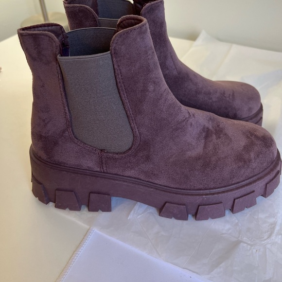 CLAUDIA PURPLE COMBAT CHUNKY MOTO ROUND TOE SHORT PULL ON BOOTS - Picture 6 of 10